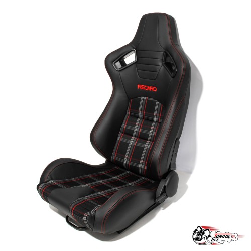 Спортивное сиденье (ковш) Recaro, красная клетка (кожа + ткань)