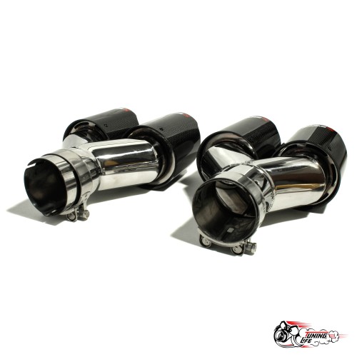 Насадки на глушитель Akrapovic Style двойные обрезанные карбон (глянец, 63 - 89mm)