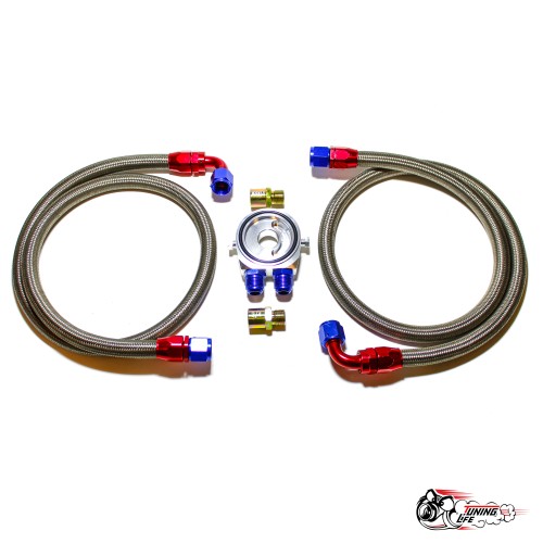 набор для установки масляного радиатора без выноса фильтра (стальная оплетка син/красн фитинги)