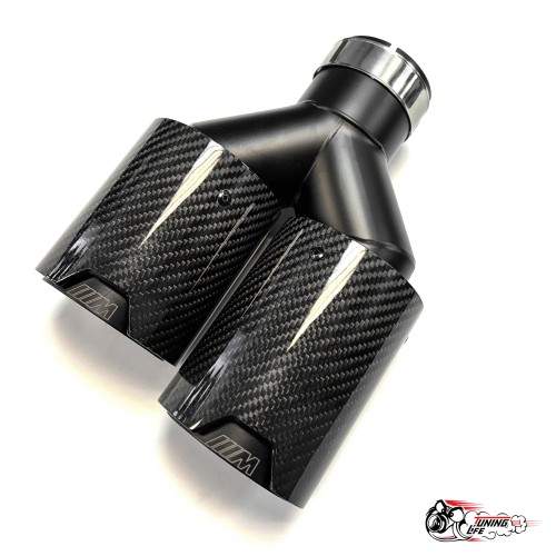 Насадки на глушитель двойные Y черный М стиль карбон глянец левая + правая со скосом  63 - 89 (КТ)