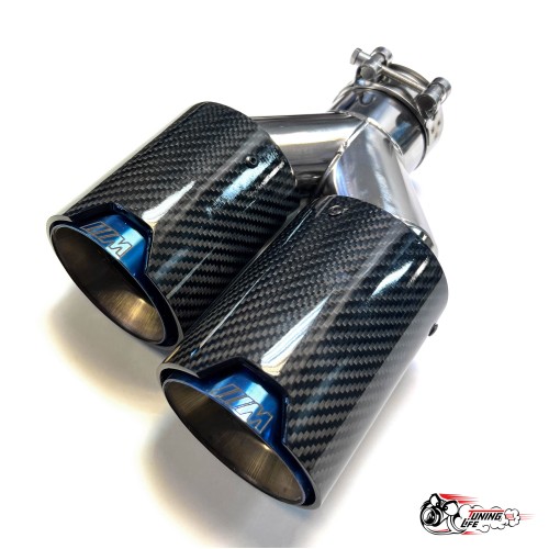 Насадка на глушитель двойная Y НЕРЖ. М стиль карбон глянец левая со скосом  63 - 89 ОПАЛ