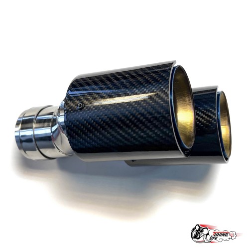 Насадка на глушитель двойная Y НЕРЖ. М стиль карбон глянец левая со скосом  63 - 89 ОПАЛ