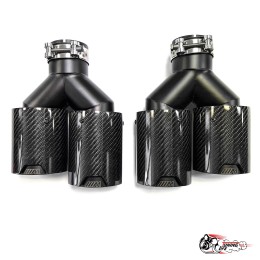 Насадки на глушитель двойные Y черный М стиль карбон глянец левая + правая со скосом  63 - 89 (КТ)