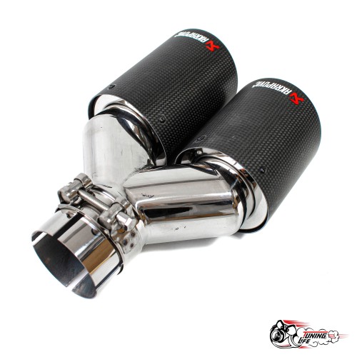 Насадка на глушитель НЕРЖ двойная Y Акрапович  левая глянец с закруглением 63-89