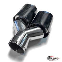 Насадка на глушитель двойная Y НЕРЖ. М стиль карбон глянец левая со скосом  63 - 89 ОПАЛ