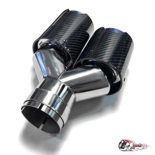 Насадка на глушитель двойная Y НЕРЖ. М стиль карбон глянец левая со скосом  63 - 89 ОПАЛ