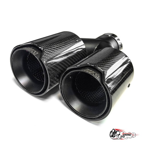 Насадка на глушитель двойная Y черный М стиль карбон глянец правая со скосом  63 - 89