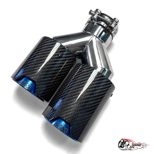 Насадка на глушитель двойная Y НЕРЖ. М стиль карбон глянец левая со скосом  63 - 89 ОПАЛ