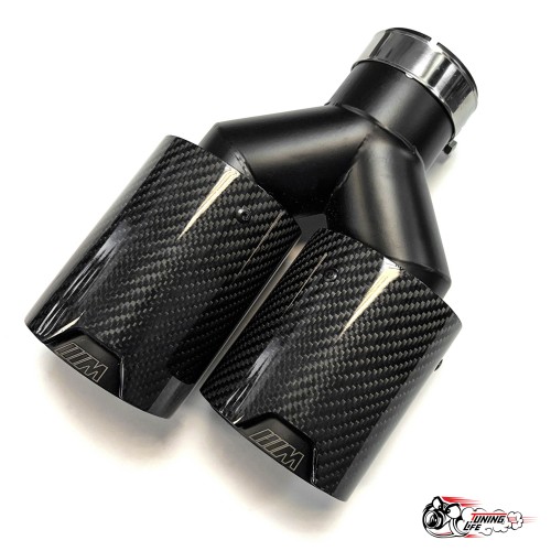 Насадка на глушитель двойная Y черный М стиль карбон глянец правая со скосом  63 - 89