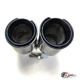 Насадка на глушитель двойная Y НЕРЖ. М стиль карбон глянец левая со скосом  63 - 89 ОПАЛ