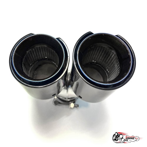 Насадка на глушитель двойная Y НЕРЖ. М стиль карбон глянец левая со скосом  63 - 89 ОПАЛ