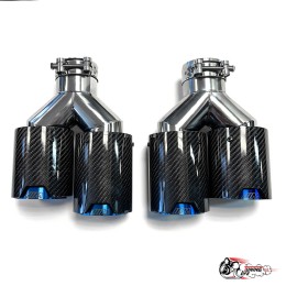 Насадки на глушитель двойные Y НЕРЖ. М стиль карбон глянец прав + лев со скосом 63 - 89 ОПАЛ КОМПЛЕТ