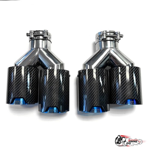 Насадки на глушитель двойные Y НЕРЖ. М стиль карбон глянец прав + лев со скосом 63 - 89 ОПАЛ КОМПЛЕТ