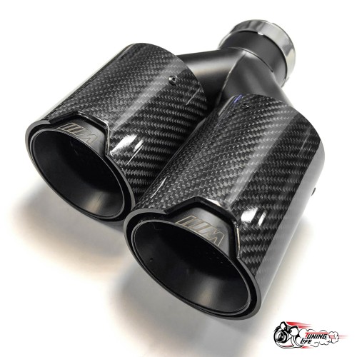 Насадка на глушитель двойная Y черный М стиль карбон глянец левая со скосом  63 - 89