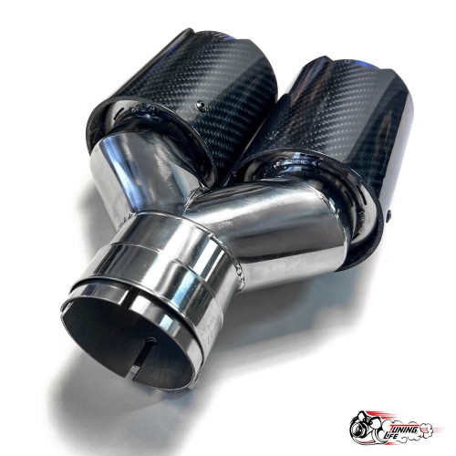 Насадка на глушитель двойная Y НЕРЖ. М стиль карбон глянец правая со скосом  63 - 89 ОПАЛ