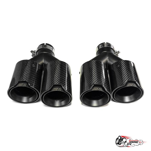 Насадки на глушитель двойные Y черный М стиль карбон глянец левая + правая со скосом  63 - 89 (КТ)