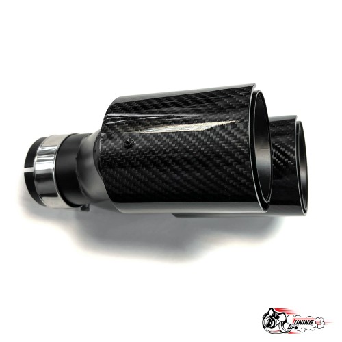 Насадки на глушитель двойные Y черный М стиль карбон глянец левая + правая со скосом  63 - 89 (КТ)