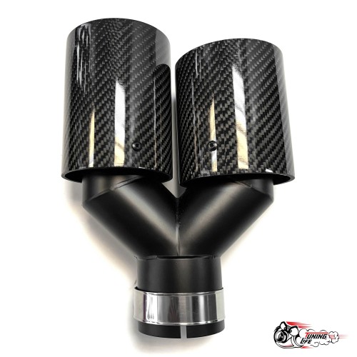 Насадка на глушитель двойная Y черный М стиль карбон глянец правая со скосом  63 - 89