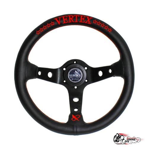 Руль Vertex красный из кожи с черными спицами