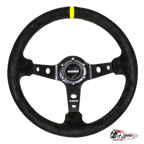 Руль МОМО вынос толстый обод желтая строчка/полоска  (ЗАМША)