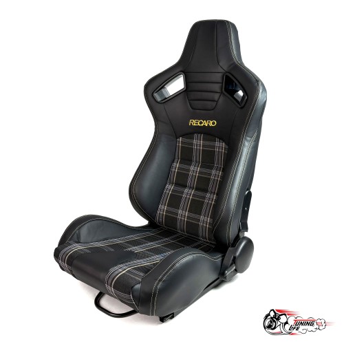 Спортивное сиденье (ковш) Recaro, желтая клетка (кожа + ткань, водительский)