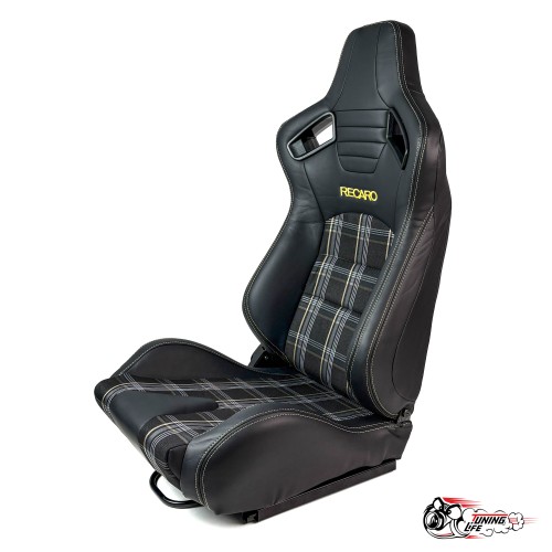 Спортивное сиденье (ковш) Recaro, желтая клетка (кожа + ткань, пассажирский)