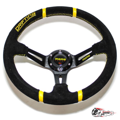 Руль МОМО дрифтинг вынос замша желтые полоски