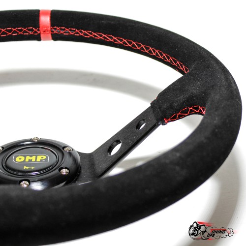 Руль OMP вынос замша черный (красная полоска, красная строчка) D35