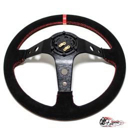 Руль OMP вынос замша черный (красная полоска, красная строчка) D35