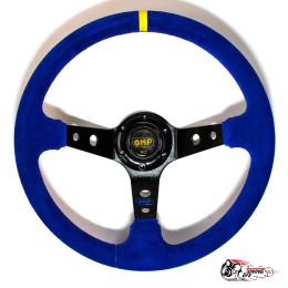 Руль OMP вынос замша синий (черный центр желтая полоска)D35